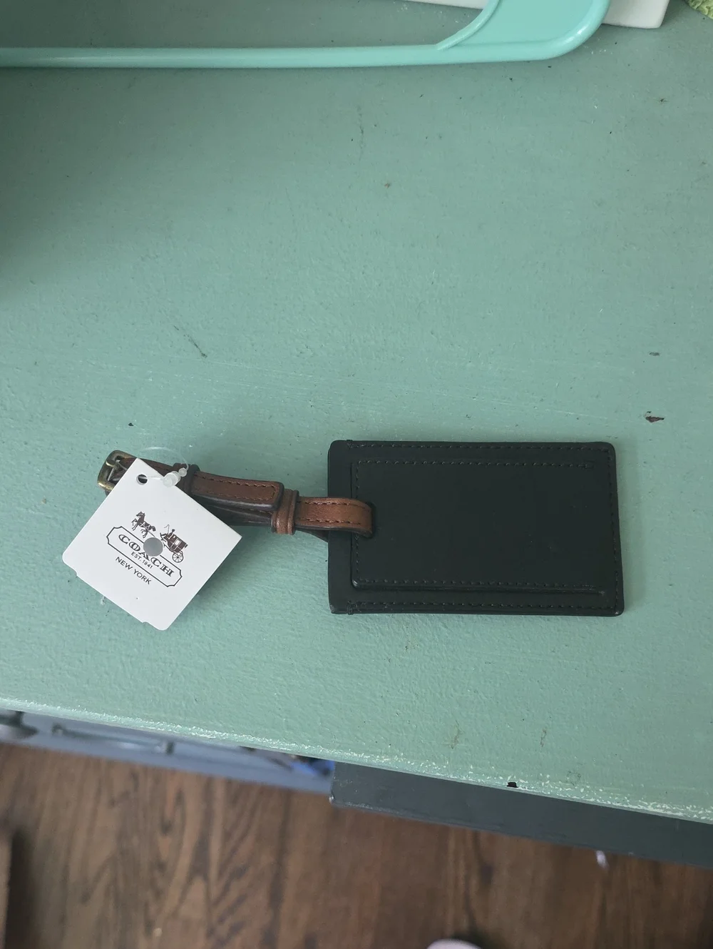 Coach Black Leather Luggage Tag with Brown Strap